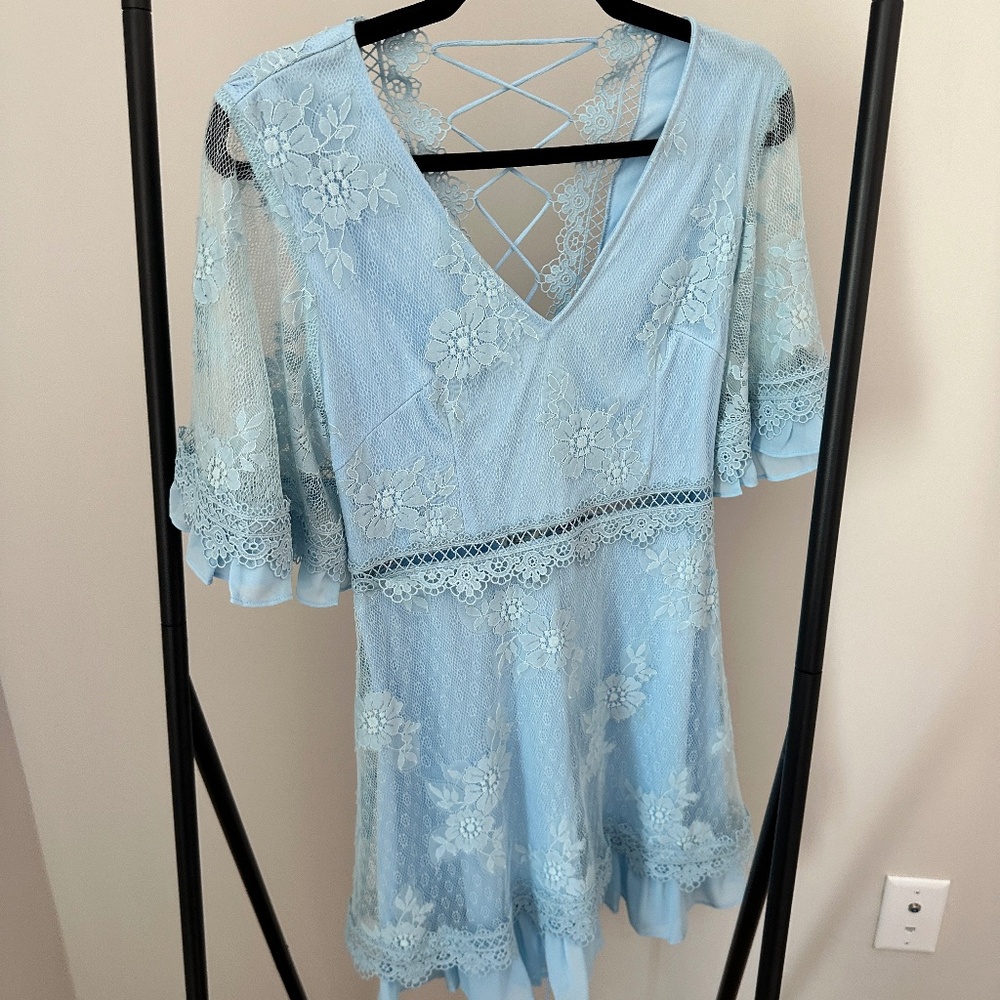 Powder Blue Floral Lace Mini Dress – Crisscross Back, Flutter Sleeves, Romantic